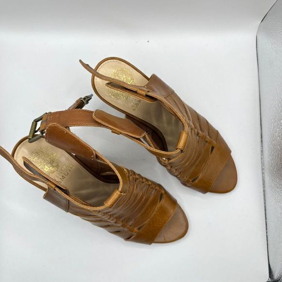 Vince Camuto Elika Brown Leather Buckle Stacked Heel Gladiator Sandal Size 8.5M - Picture 2 of 8
